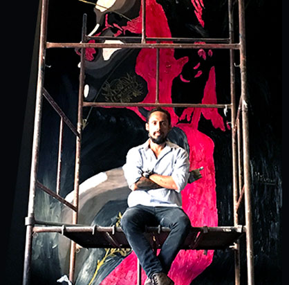 Monumental painted panel installation interacting with physical space and raw human presence.