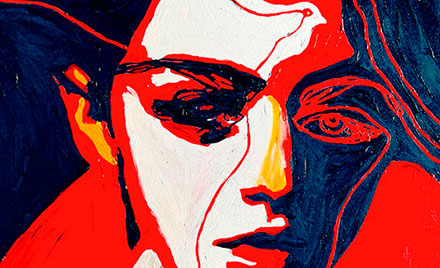 Vivid red and black portrait with bold brushstrokes, capturing youthful passion and emotional immediacy.