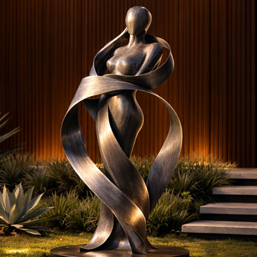 Contemporary female abstract sculpture by artist Juca Máximo, featuring flowing metallic ribbons forming an expressive body gesture, monumental outdoor artwork designed for architecture, luxury hotels, gardens and public art installations.