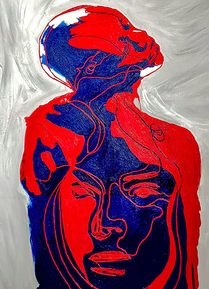 Skin That I Feel by Juca Máximo, contemporary figurative painting, emotional portrait art, expressive body painting, modern fine art canvas, red and blue abstract human figure, international award-winning artist