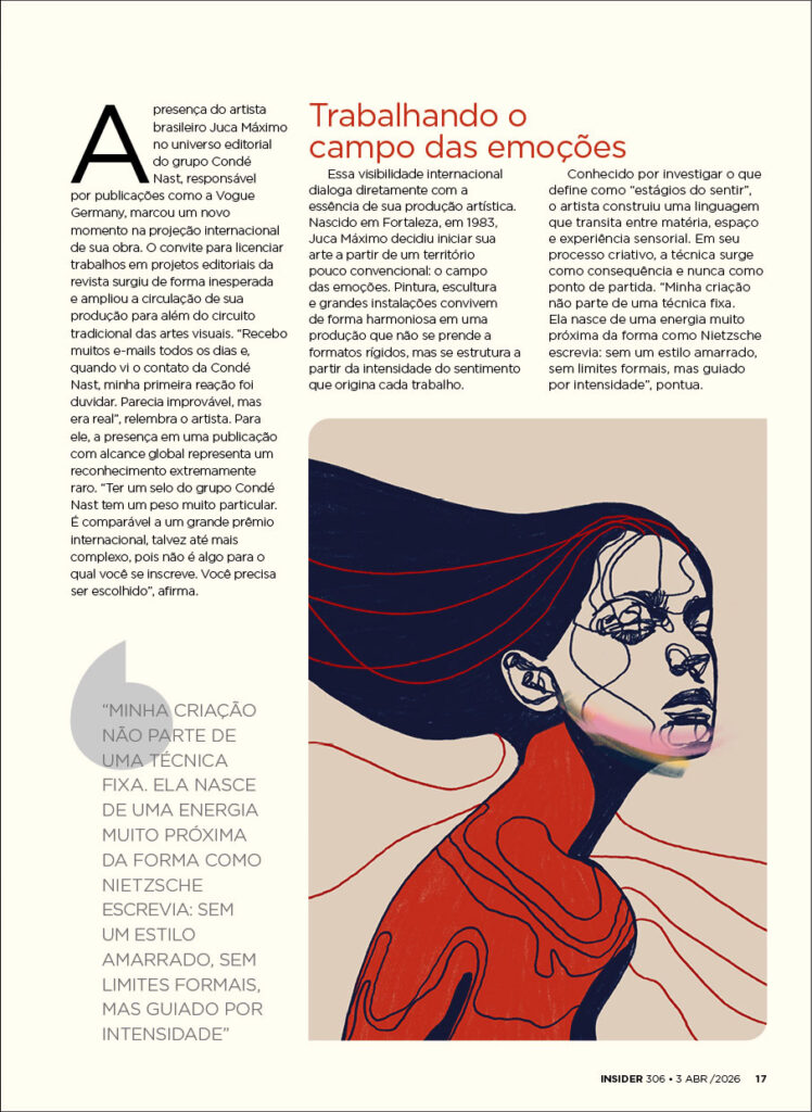 Obra contemporânea de Juca Máximo com figura feminina em traços expressivos vermelhos e azuis, publicada na revista Insider, destacando sua presença no universo editorial da Condé Nast e Vogue Germany. Contemporary artwork by Juca Máximo featuring a female figure in expressive red and blue lines, published in Insider magazine, highlighting his presence in the Condé Nast and Vogue Germany editorial ecosystem.