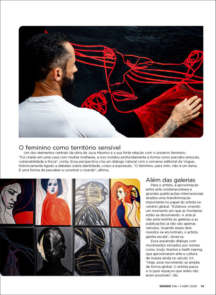 Obras contemporâneas de Juca Máximo com forte presença do feminino e linguagem expressiva, exibidas em composição visual na revista Insider. Contemporary artworks by Juca Máximo highlighting feminine presence and expressive visual language, presented in Insider magazine layout.