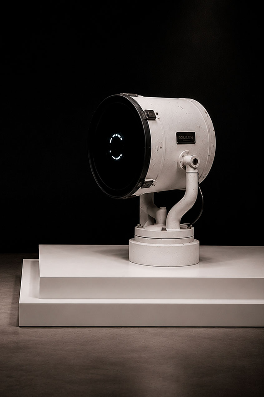 DORAi.ONE apresentada como uma instalação viva responsiva em ambiente expositivo minimalista. A estrutura branca industrial repousa sobre uma base escultórica iluminada, enquanto o núcleo óptico central emite sinais luminosos sutis, sugerindo presença, consciência e observação silenciosa. DORAi.ONE presented as a responsive living installation within a minimalist exhibition environment. The white industrial structure rests on a sculptural illuminated base, while the central optical core emits subtle light signals, suggesting presence, consciousness, and silent observation.