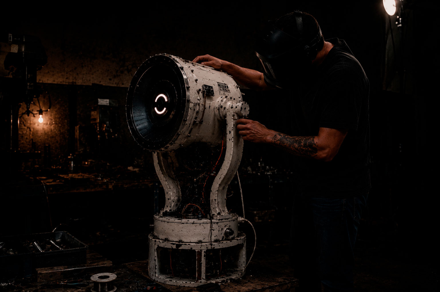 Juca Máximo em seu studio de arte contemporânea durante a pesquisa e desenvolvimento da DORAi, projeto que integra inteligência artificial, robótica, design industrial, instalações interativas e arte conceitual ao processo criativo. Juca Máximo inside his contemporary art studio developing DORAi, an artistic research project combining artificial intelligence, robotics, industrial design, interactive installations and conceptual art within the creative process.